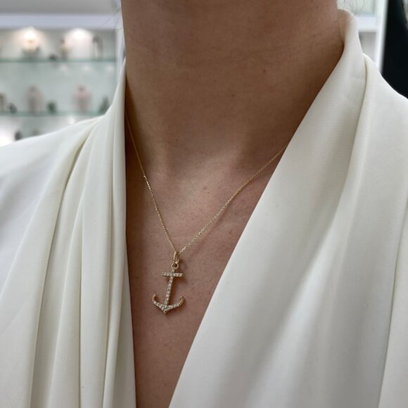 0.45tcw 14K Diamond Anchor Pendant Necklace, Pave Gold Anchor Necklace - Picture 6 of 7